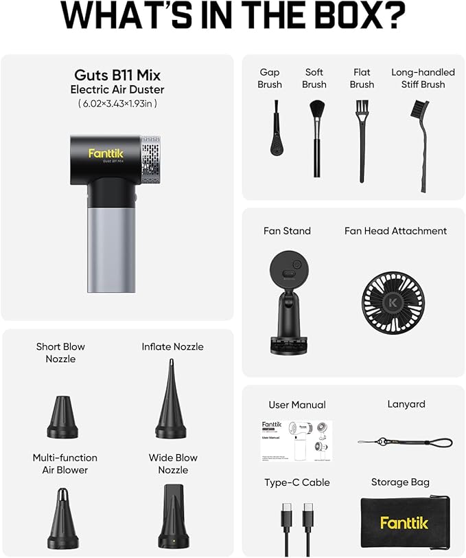 Fanttik Gust B11 Mix 110000RPM Compressed Air Duster, 2-in-1 Electric Air Duster & Portable Fan, 100 Stepless Gears, One-Tap Booster, Rechargeable Dust Blower for PC, Electronics, Outdoor Cooling