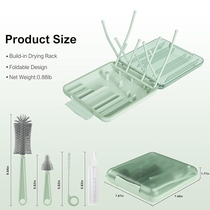 Baby Bottle Brush Set,6 in 1 Travel Silicone Bottle Cleaner Kit with Extendable Brush,Built-in Drying Rack,Nipple & Straw Brushes,Soap Dispenser & Organizer Case – Baby Shower Gift for New Moms