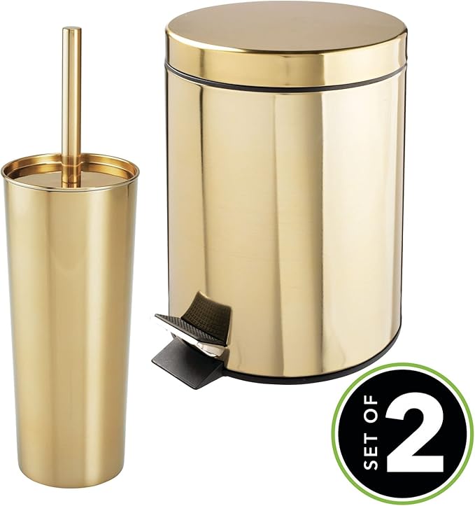 mDesign Metal Steel/Plastic Toilet Bowl Brush/Holder and Round 1.3 Gallon/5L Step Trash Can Combo Set for Bathroom; Holds Trash, Recycling, Deep Cleaning, Mirri Collection, Brass