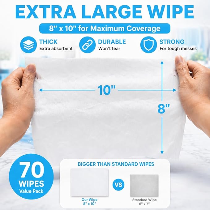 Air Jungles Glass and Window Cleaner Wipes 70 Count, Extra Large 8" x 10" Size Cleaning Wipes for Car Windshield, Headlight, Mirror, Tile and Home Glass Surface