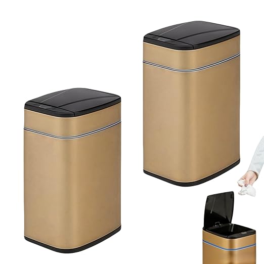 Garbage Can with Lid, Sensor Opening and Closing (2, Square Gold) | Smart Trash Can, for Living Room, Bedroom, Kitchen and Bathroom