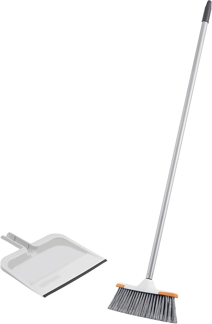 Superio Angle Broom and Clip-On Dustpan Set, Slim Hand Broom Telescopic Handle 53 Inches Tall, Clip On Dust Pan with Low Edge Rubber Lip