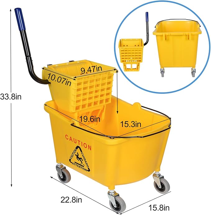 Side-Press Wringer Commercial Mop Bucket on Wheels, 35-Quart, Yellow Mop Bucket for Professional/Industrial/Business Heavy-Duty Floor Cleaning/Mopping