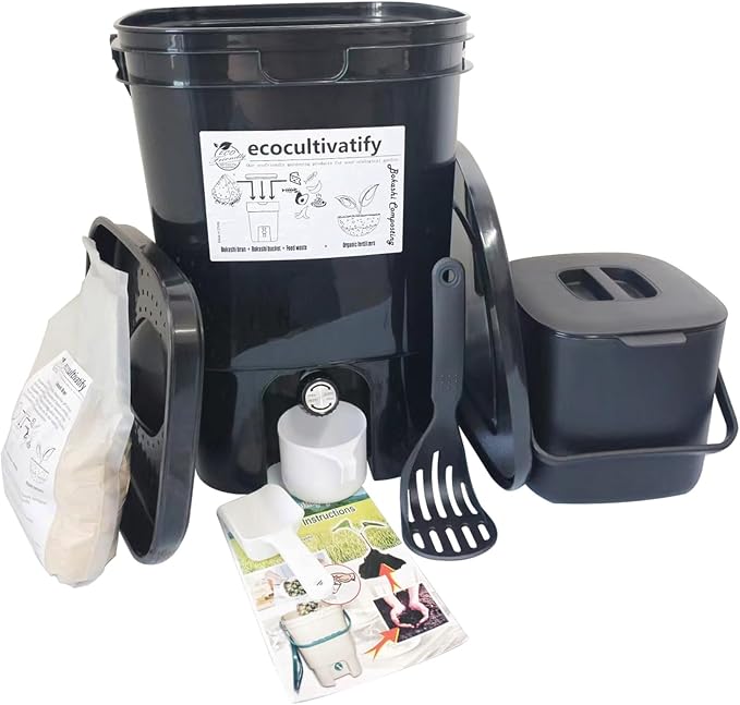 20L Bokashi Compost Bin, 5.28 Gallon Compost Bin for Kitchen Composter with Lid, Bokashi Start Kit with Bran (Tan & Dark Green) (20L/5.28GAL Black)