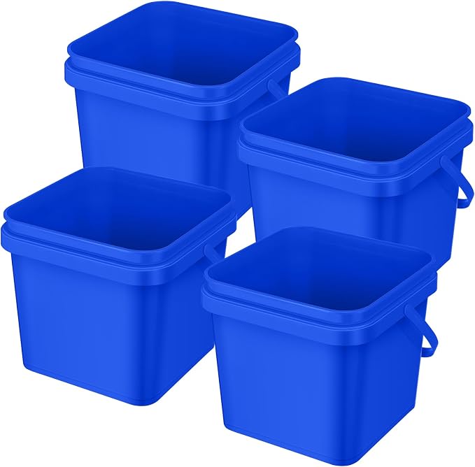 Jingmore 4 Pcs Plastic Bucket 5 Quart Square Bucket Utility Small Pail with Handle Sturdy Pail Organizer for House Cleaning Storage Livestock Feeding Car Washing Food Storage, No Lids(Blue)