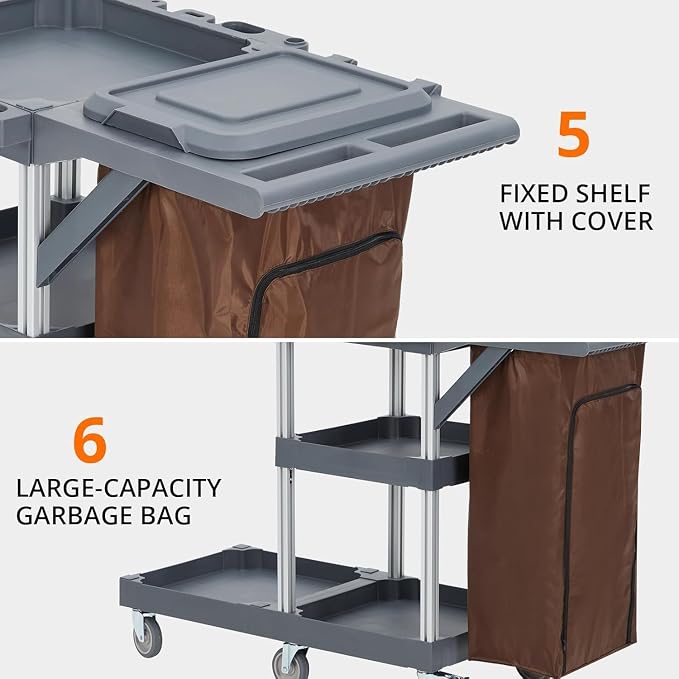 Commercial Traditional Janitorial 3-Shelf Cleaning Cart on Wheels with Cover and Vinyl Bag, Custodial Cart, Housekeeping Carts for Hotels, Stores, Schools, and Business