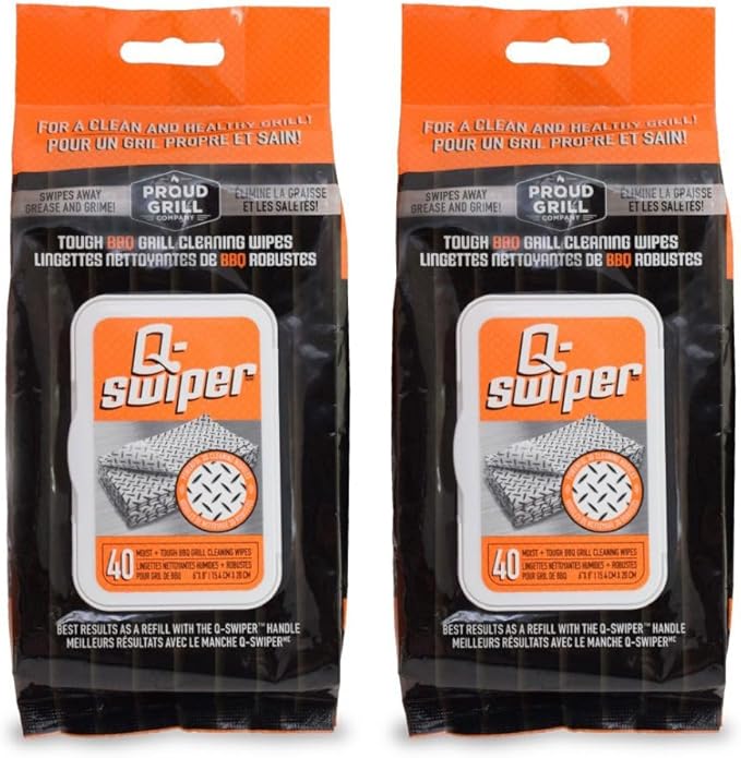 Proud Grill Q-Swiper Grill Cleaning Wipes - Bristle & Wire Free BBQ Cleaner, Heavy Duty Degreaser Wipes, Grease & Grime Remover for Outdoor Barbecue Grills - Mothers Day Gifts, 80 Count (2x40), 2-Pack