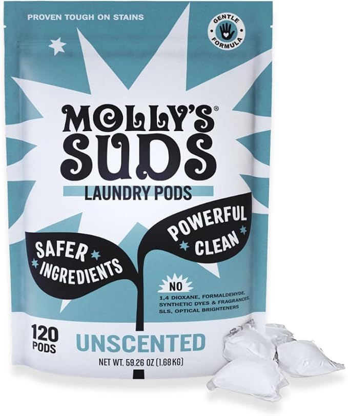 Molly's Suds Laundry Detergent Pods | Clean Detergent for Sensitive Skin | Ultra Concentrated and Stain Fighting | Unscented - 120 Count (Value Pack)
