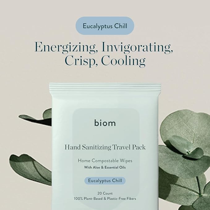 Biom Hand Sanitizing Wipes - Travel Size 24 pack(480 Wipes) 65% Ethanol Alcohol, Kills 99.9% of Germs, Removes Dirt & Grime, Made of Plant-Based & Plastic Free Fibers, Hypoallergenic -Eucalyptus Chill