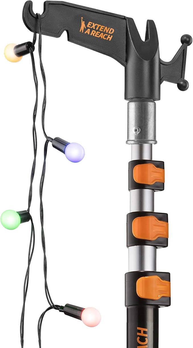 4-12 ft Long Telescopic Extension Pole with Utility Hook // Telescoping Pole for Christmas Lights Installation, String Lights, Birdfeeders // Lightweight and Sturdy // Christmas Light Pole with Hook