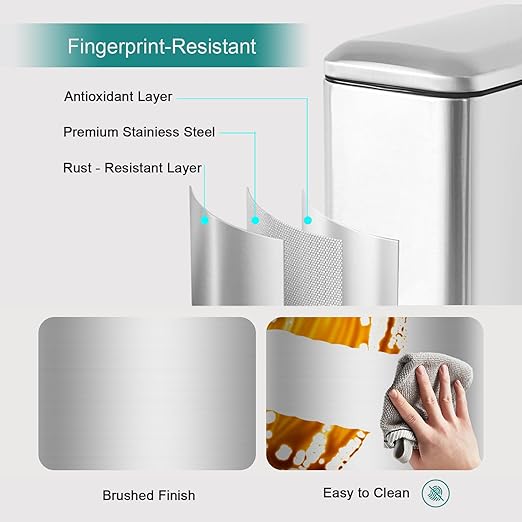 Small Bathroom Trash Can with Lid, 1.3 Gallon Stainless Steel Trash Can with Removal Inner Bucket, Soft Close Lid, Step Pedal, Compact Trash Bin for Bedroom, Office, Kitchen (Silver)