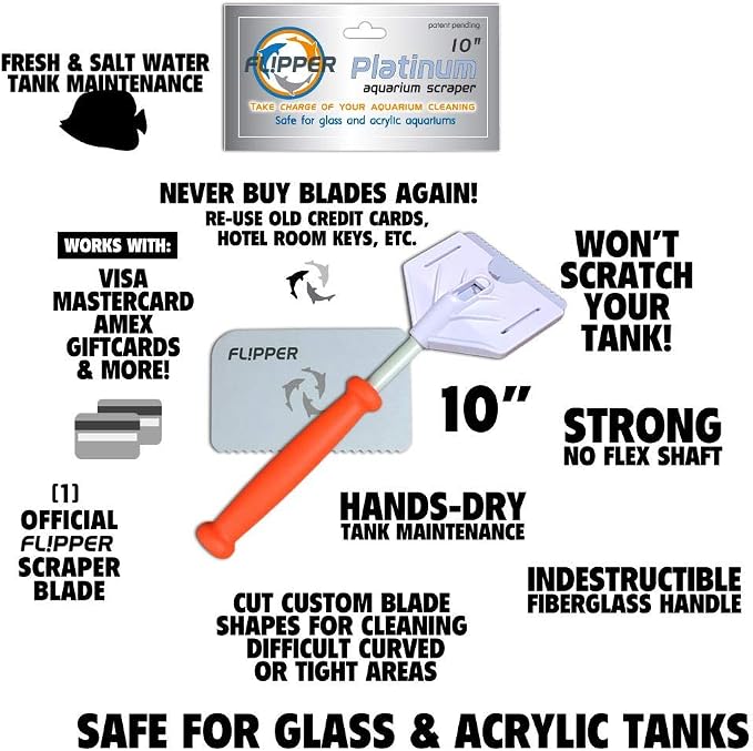 Flipper Platinum Aquarium Hand Scraper Tool – Glass and Acrylic Fish Tank Cleaner and Scraper with Serrated and Steel Blade - 10" Handle
