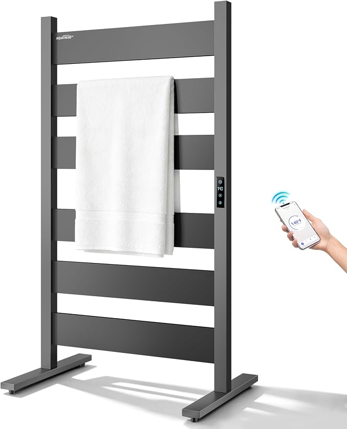 Towel Warmers for Bathroom, WiFi Freestanding & Wall Mounted Electric Heated Towel Rack, 6 Flat Bars, Aluminum, Timer & Temperature Control, Large Heating Surface, Black