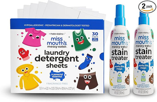 Miss Mouth's Messy Eater Stain Treater Spray - 4oz 2 Pack Stain Remover and Laundry Detergent Sheets