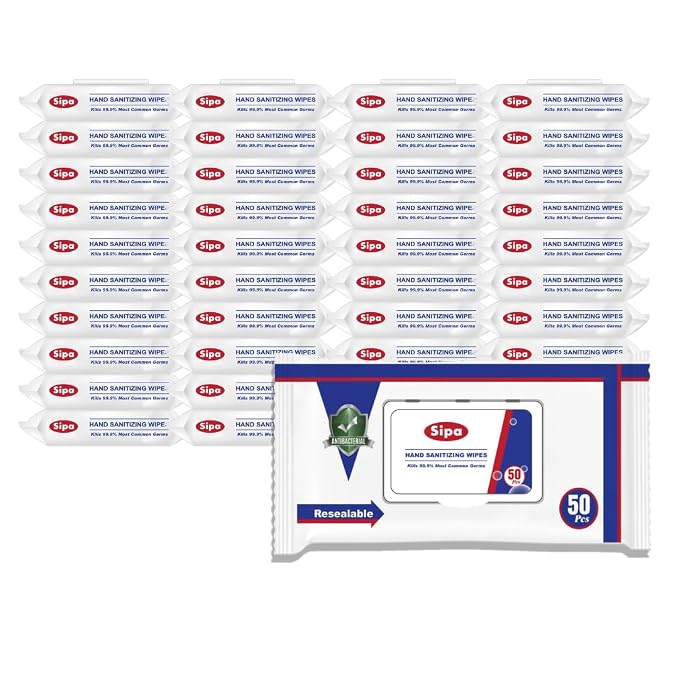 SIPA Hand Sanitizing Wipes 50 WIPES Bag, Clean-to-go, Travel Size, Fresh Scent, Soft Textured Wipes, Total 2250 Pieces (50 Count (Pack of 45))