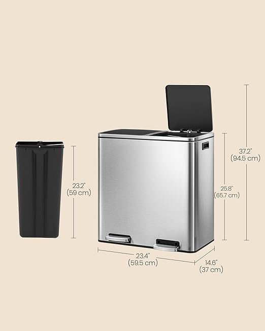 SONGMICS HOME Trash Can with 2 Compartments for Kitchen, Garbage Can with 15 Trash Bags, Silver