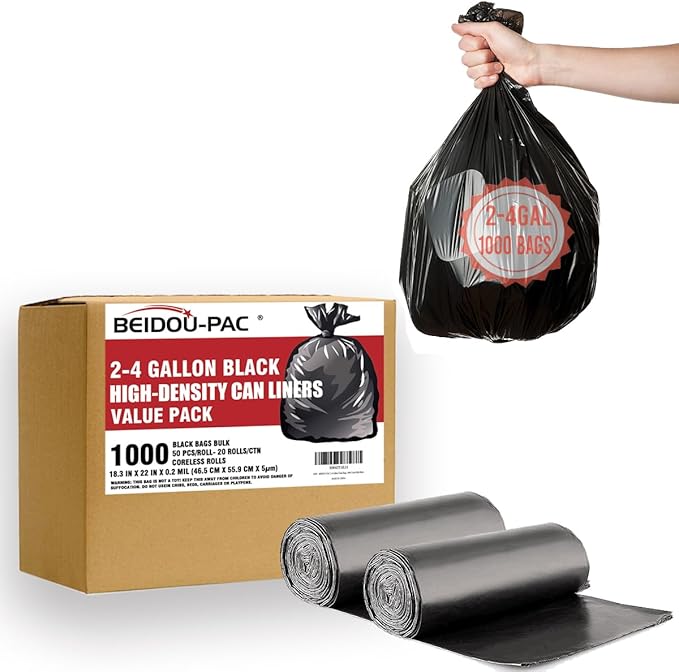 BEIDOU-PAC 2-4 Gallon Trash Bags, 1000 Count Bulk Value Pack, Black Garbage bags, Small Trash Can Bin Liners for Bathroom, Office, Industrial, Commercial, Janitorial, Municipal, Recycling