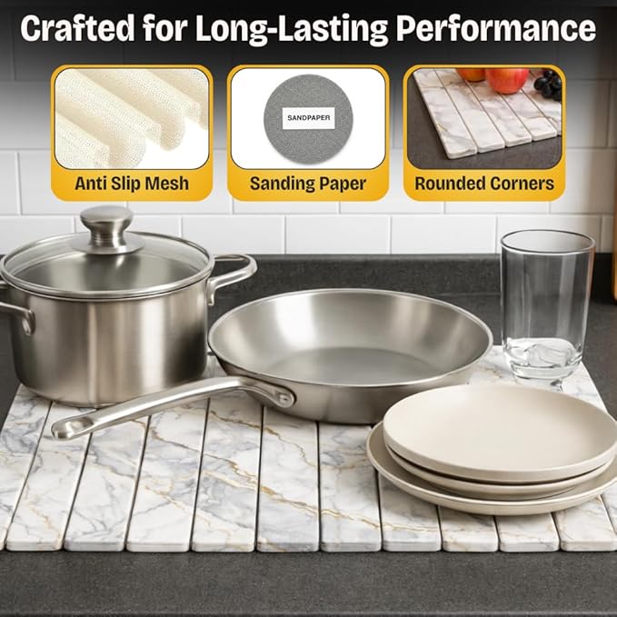 Large Stone Dish Drying Mat for Kitchen Counter, Foldable 24"×16" Diatomaceous Earth Mat, Super Absorbent Marble Stone Drying Pad for Dishes, Cups, Bottles (White Marble)