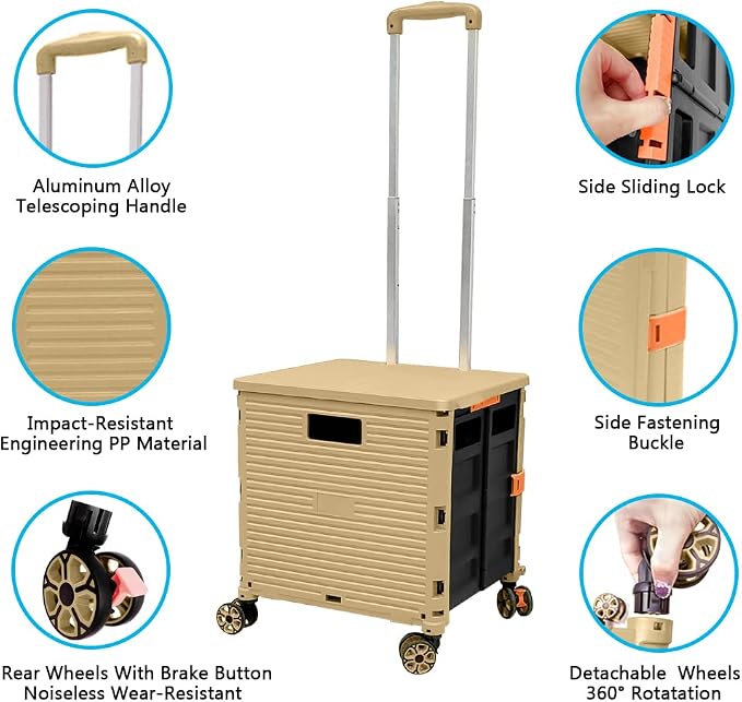 FELICON SELORSS Foldable Utility Cart Folding Portable Rolling Crate Handcart with Durable Heavy Duty Plastic Telescoping Handle Collapsible 4 Rotate Wheels for Travel Shop Move Luggage Office(Khaki
