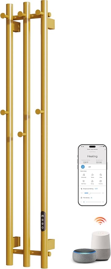 ENZE Smart Heated Towel Rack, Wall Mounted Electric Towel Warmer 220W for Bathroom, WiFi App Control, LED Touch Screen, Adjustable Temperature, 24H Timer, Vertical Model, IPX5, Plug-in/Hardwired, Gold