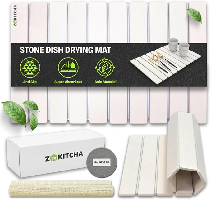Stone Dish Drying Mat for Kitchen Counter, Large Quick Dry Diatomaceous Earth Stone Drying Mat, Foldable Water Absorbent Dish Drying Mat for Dishes, Cups, Bottles, Kitchen Sink & Countertop (White)