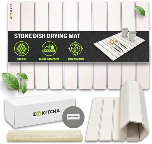 Stone Dish Drying Mat for Kitchen Counter, Large Quick Dry Diatomaceous Earth Stone Drying Mat, Foldable Water Absorbent Dish Drying Mat for Dishes, Cups, Bottles, Kitchen Sink & Countertop (White)