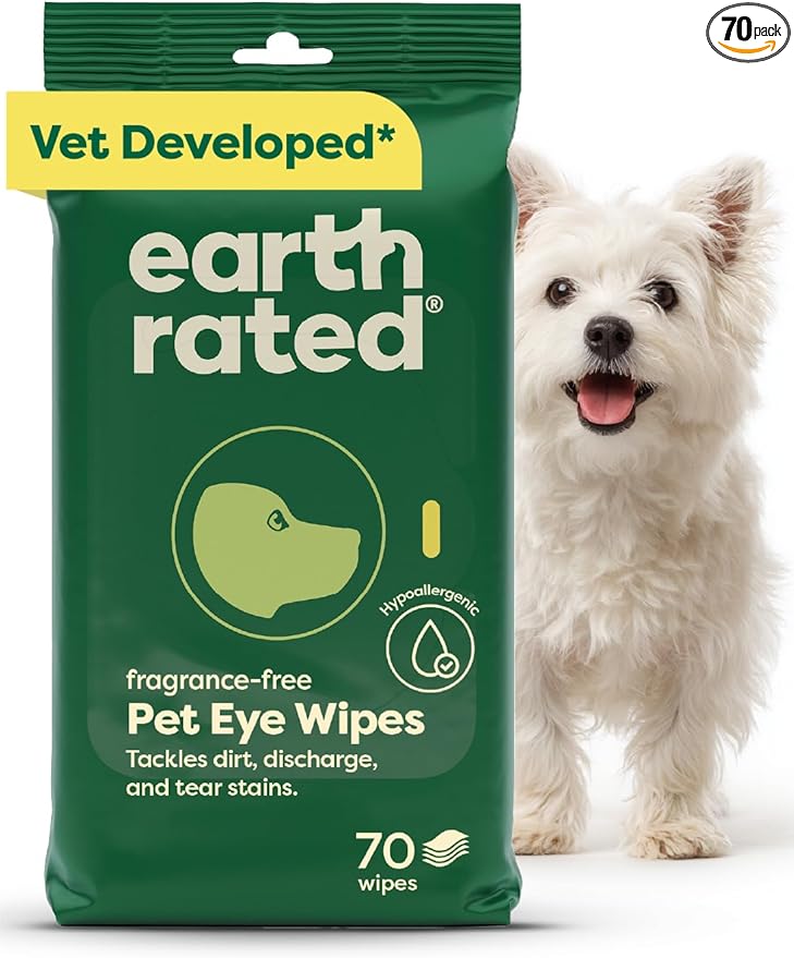earth rated Vet-Developed Dog Eye Wipes, Hypoallergenic Pet Wipes for Dogs & Cats to Remove Dirt & Discharge, Fragrance Free, 70 Count