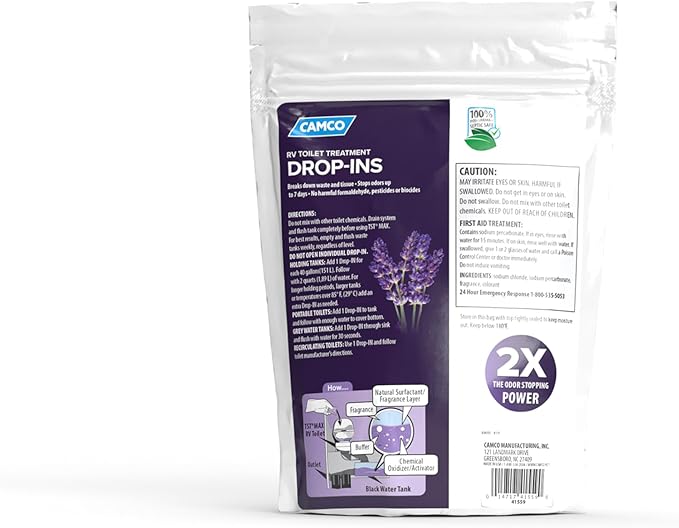 Camco TST MAX RV Toilet Treatment Drop-INs | Control Unwanted Odors and Break Down Waste and Tissue | Septic Tank Safe | Lavender Scent | 30-pack (41559)