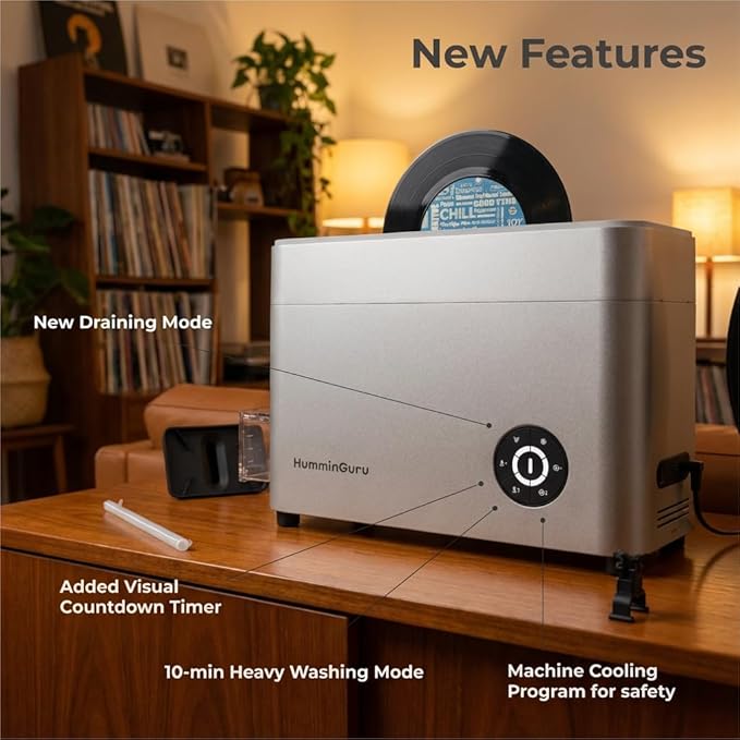 HumminGuru Ultrasonic Vinyl Record Cleaner- 40kHz Ultrasonic Vinyl Record Cleaning Machine with Auto Drying, Vinyl Cleaner Kit with Filters, 1Y Warranty (Sliver, 7/10/12 Inch)