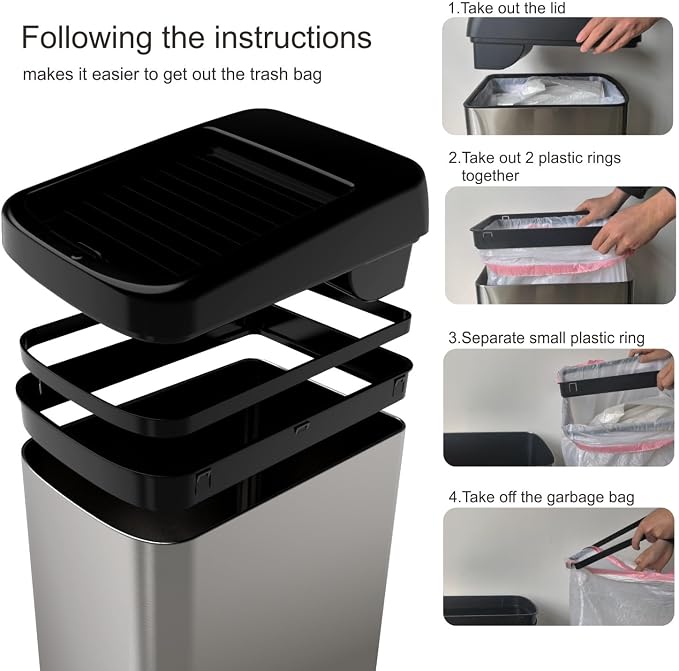 ELLO&ALLO 13 Gallon Kitchen Trash Can with Roll Up Lid, Automatic Touchless Motion Sensor Rectangular Trash Can with Wheels, Brushed Stainless Steel Finish