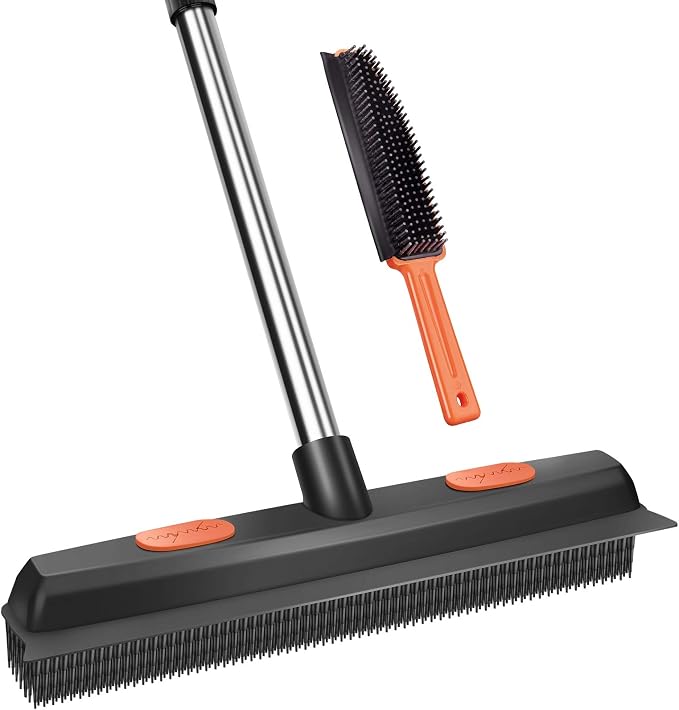 Conliwell Rubber Broom Carpet Rake for Pet Hair, Fur Remover Broom with Squeegee and 18" Professional Microfiber Mop Floor Cleaning System