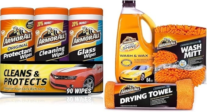 Armor All Protectant, Glass and Cleaning Wipes Variety Pack with Car Wash Kit (3 Piece)