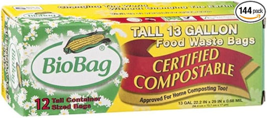 BioBag 13 Gallon Tall Kitchen Waste Bag, 12 CT (Full Case of 12 Boxes, 144 Bags Total)