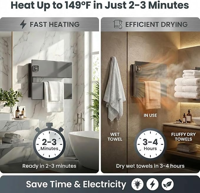 L Series Electric Towel Warmer for Bathroom, 2 Panel, Gun Gray | Thermo Control and Timer, Fast Heat in 3 Mins, Dry Towels in 4 hrs, Memory Function, Work with Smart Plug, Left-Wiring