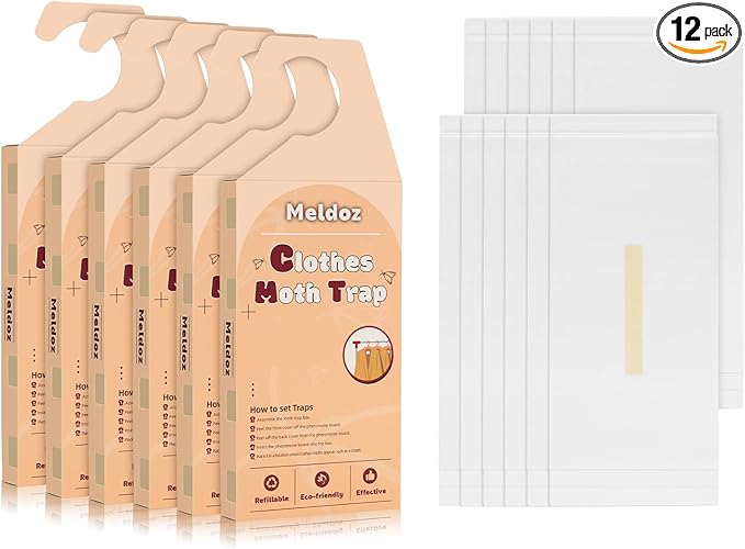 Clothes Moth Traps with Powerful Pheromones, Non-Toxic & Odor-Free Sticky Moth Traps for Clothes & Closets, Refillable 12-Pack