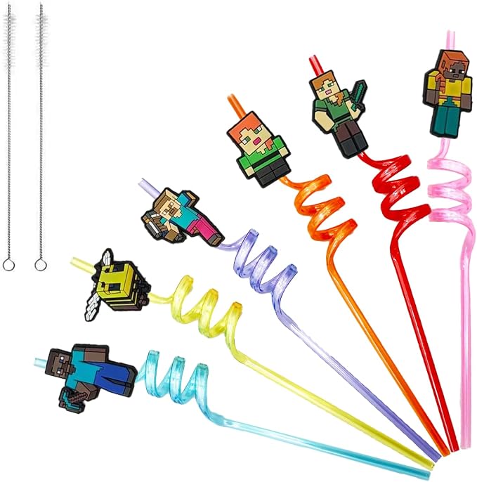 30pcs Pixel Straws Pixel Party Supplies Favors With 2pcs Cleaning Brush Plastic Reusable Straws Birthday Party Supplies For Boys Girls