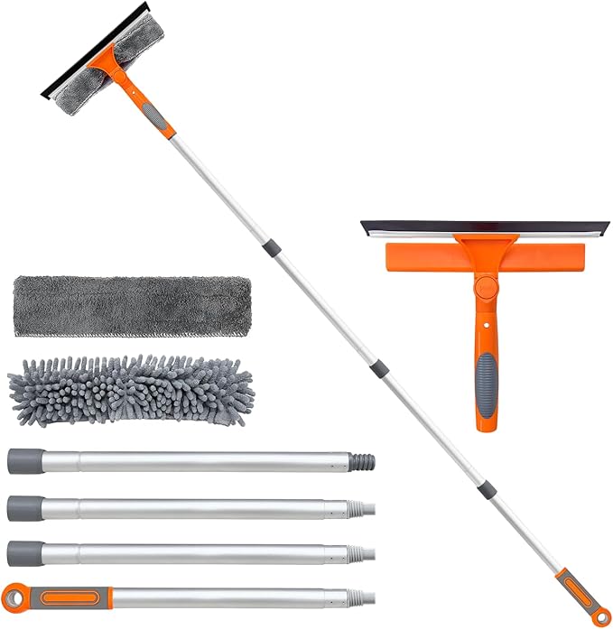 ARTIPOLY Professional Window Squeegee Cleaner, 2 in 1 Shower Squeegee with Extension Pole, 65”Telescopic Window Washing Equipment with 180°Adjustable Head, Glass Cleaning Tools for Outdoor High Window