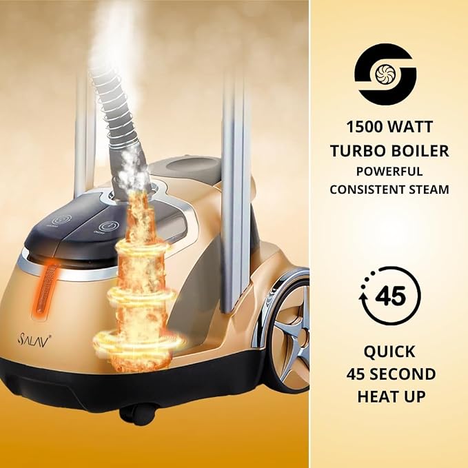 SALAV Professional Garment Steamer 1500W with Foot Pedal Control | 45s Fast Heat Up, 1.8L Tank, Up to 1 Hour Continuous Steam, Stainless Steel Nozzle & Wheels – Gold