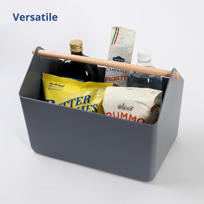 BLUE GINKGO Large Storage Basket – Plastic Caddy with Wooden Handle for Bathroom, Pantry, or Cleaning Supplies (Gray)