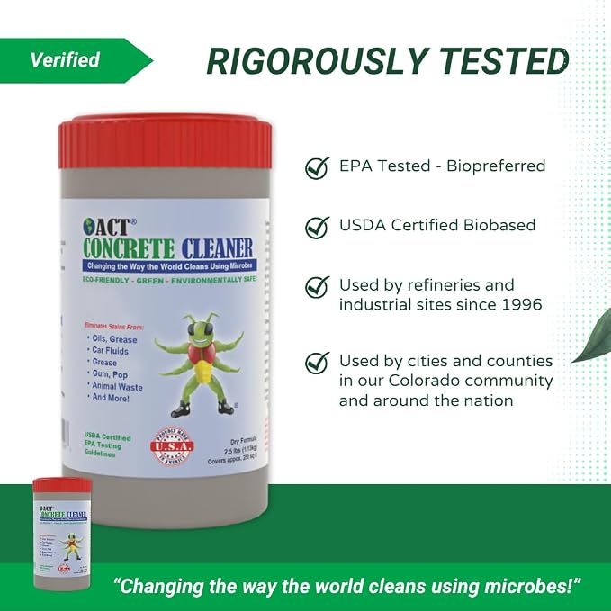ACT Concrete Cleaner – Eco-Friendly Dry Powder Oil Stain Remover for Driveways, Sidewalks, Garages & Commercial Use | HOA Approved | Bioremediation Formula | Safe around Pets | 2.5lb