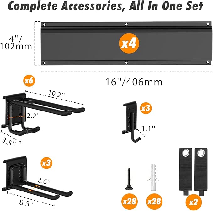 Housolution Heavy Duty Garage Wall Organizer 64 Inch - 18Pack Carries 570 lbs, Garage Tool Organizer Storage System, 4 Rails with 12 Adjustable Hooks, Garden Tool Organizer for Warehouse, Workshop