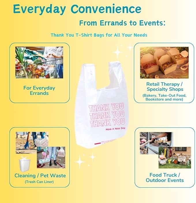 Bulk Thank You T-Shirt Bags (1000 Count) | White Plastic Shopping Sacks with Handles – Reusable for Grocery, Retail, Takeout, Merchandise & Small Trash Liners (11.5" x 6.5" x 21")