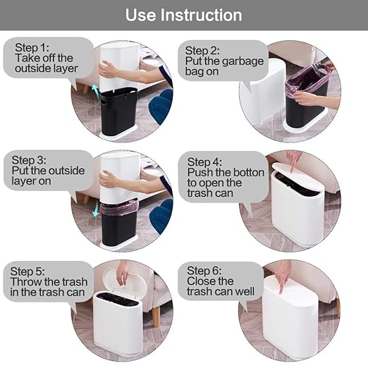 AIFUSI Trash Can, 10 Liter / 2.4 Gallon Plastic Slim Garbage Container Bin with Press Top Lid, White Waste Basket for Kitchen, Bathroom, Living Room, Office, Narrow Place(Ivory White
