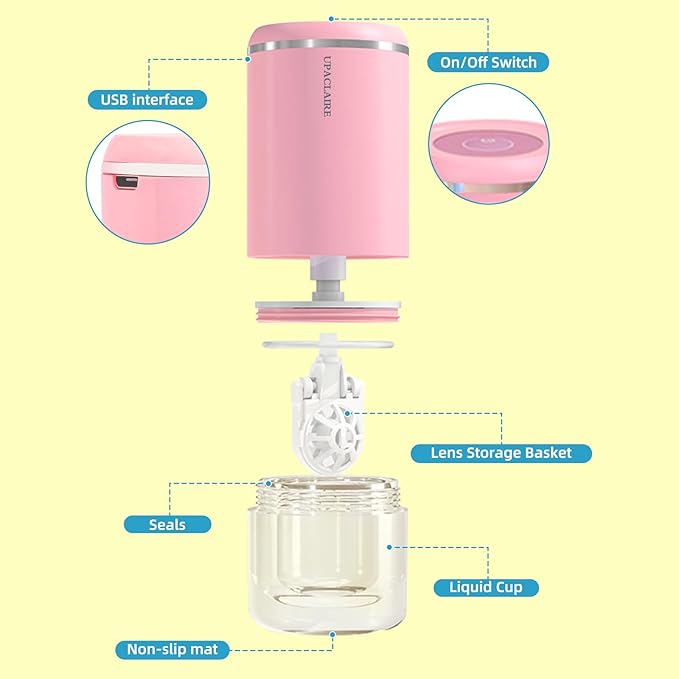 Portable Ultrasonic Contact Lens Cleaner with USB Charger and Solution Soak Case - Soft, Colored, Pink