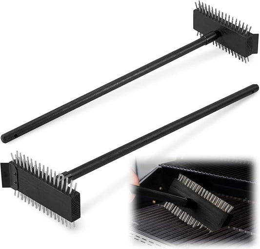 2 Pcs Black Stainless Steel Grill Brush Grill Scraper with 30'' Long Wooden Handle for Commercial Cleaning Kitchens Restaurants Bathrooms