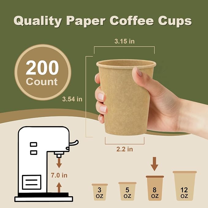 8 oz 200 Pack Disposable Coffee Cups, Bulk Brown Disposable Paper Cups, Coffee Cups for Hot Tea, Chocolate and Cold Drinks