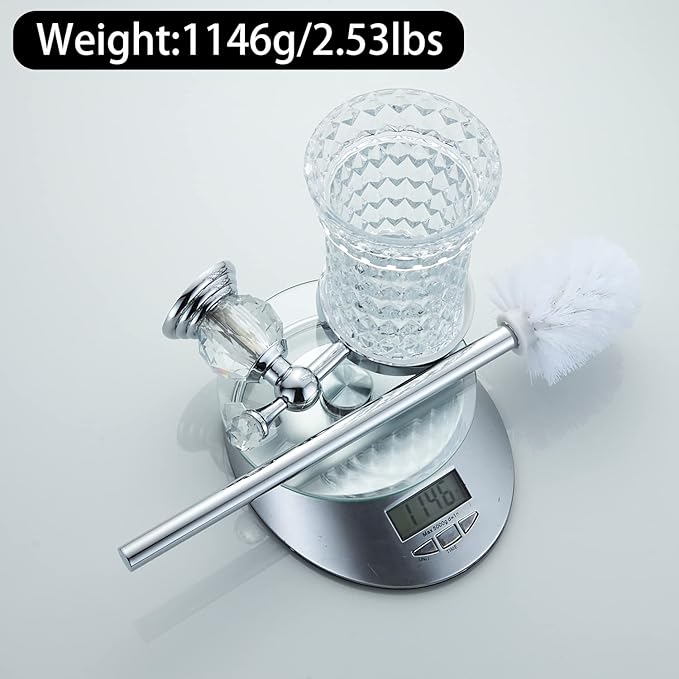 WOLIBEER Crystal Toilet Brush Holder, Chrome Toilet Cup Set with Polished Silver Brush Handle Wall Mounted for Bathroom - Decorative Design,Space Saving.