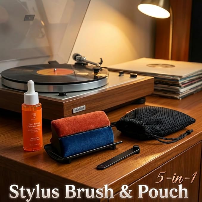 HumminGuru I-Brush Vinyl Record Cleaning Kit, Anti-Static Vinyl Record Cleaner Kit with Dual Velvet Pads Vinyl Record Brush + Alcohol-free Record Cleaning Solution + Stylus Brush + Pouch(White 5-in-1)