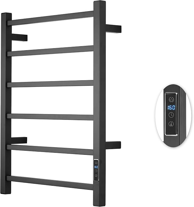 Heated Towel Racks for Bathroom, Wall Mounted Electric Towel Warmer Racks with Timer & Temperature Control, 6 Bar Stainless Steel Towel Heater for Bathroom, Matte Black, Plug-in