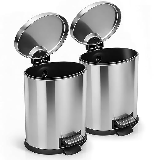 SIMPLYKLEEN Bathroom Trash Can with Lid - 2PC 1.3 Gallon/5L Oval Small Trash Can with Soft-Close Lid, Foot Pedal, Brushed Stainless Steel, Removable Liner, Garbage can for Kitchen, Office, Home Silver